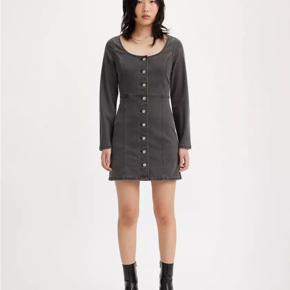 Levi's Veda Charcoal Long Sleeve Denim Mini Dress Sz Large EUC Grunge Alt - Picture 4 of 13